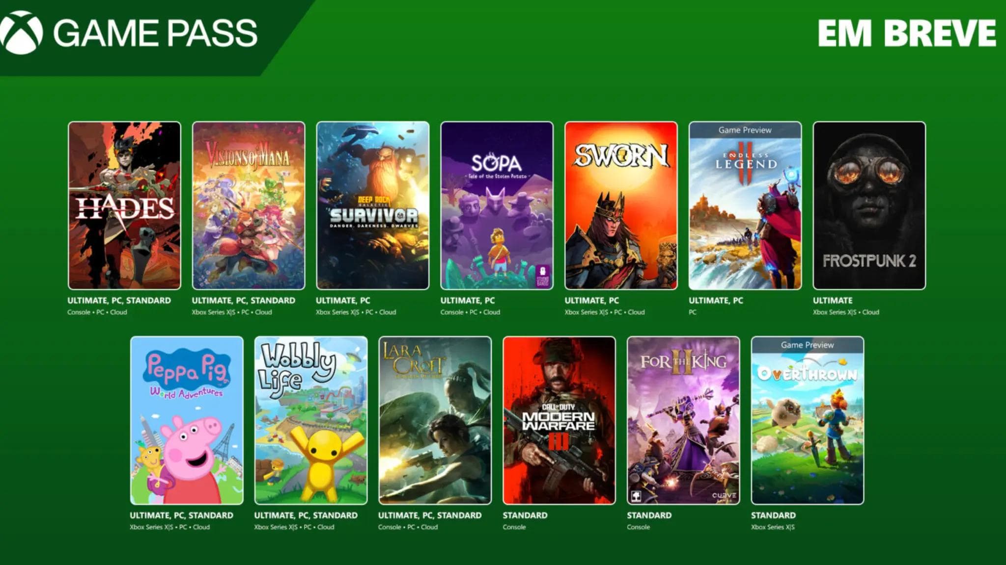 Grandes jogos chegando ao Xbox Game Pass em outubro